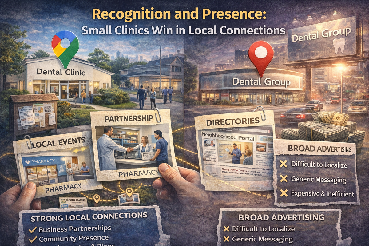 A conceptual comparison showing a small dental clinic building strong local partnerships and community presence versus a large network relying on broad, less targeted advertising.