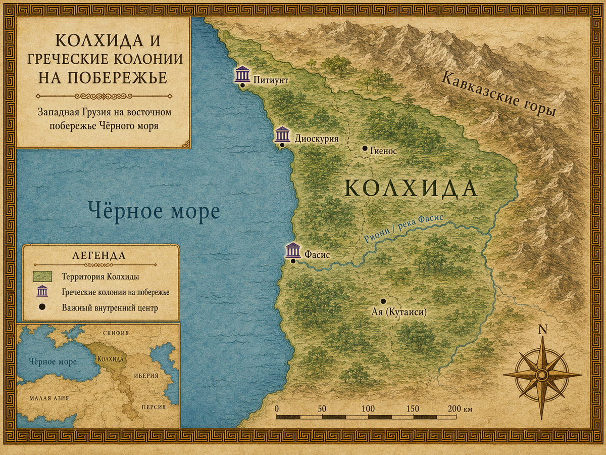 Russian-language infographic map showing the territory of ancient Colchis in Western Georgia, the eastern Black Sea coast, Greek colonies such as Pityus, Dioscurias and Phasis, the Rioni River, Caucasus Mountains, and key regional landmarks.
