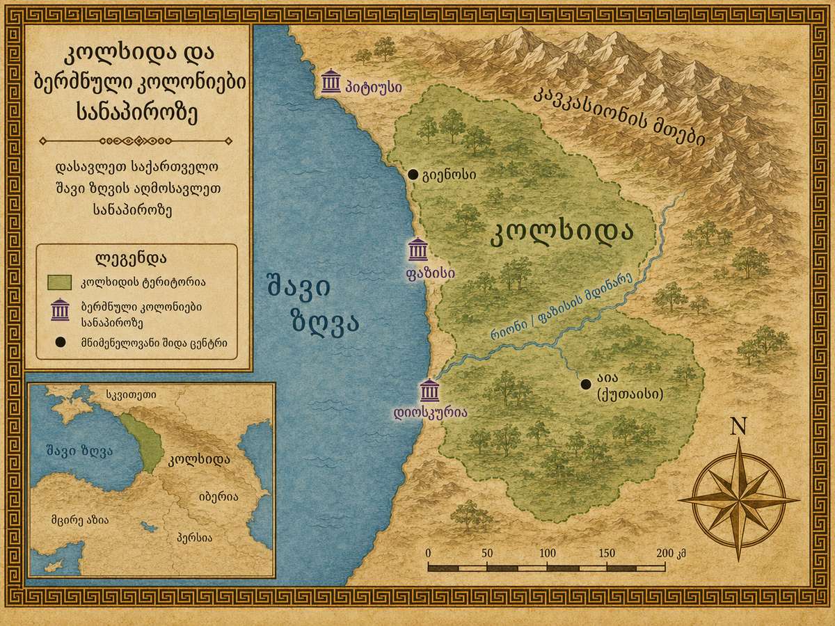 Georgian-language infographic map showing ancient Colchis in Western Georgia, Greek colonies along the eastern Black Sea coast, the Rioni and Phasis River, Caucasus Mountains, and important historical locations connected with Colchis.
