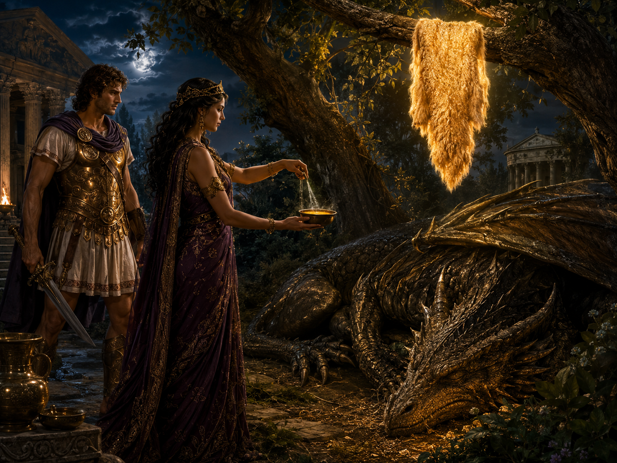 Mythological illustration of Medea using a magical potion to lull the dragon guarding the Golden Fleece, while Jason stands beside her beneath the sacred tree in Colchis.