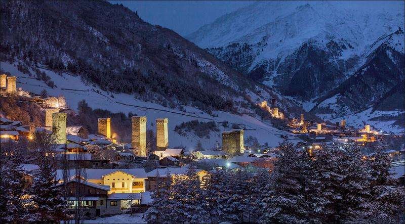 View of winter Mestia at night