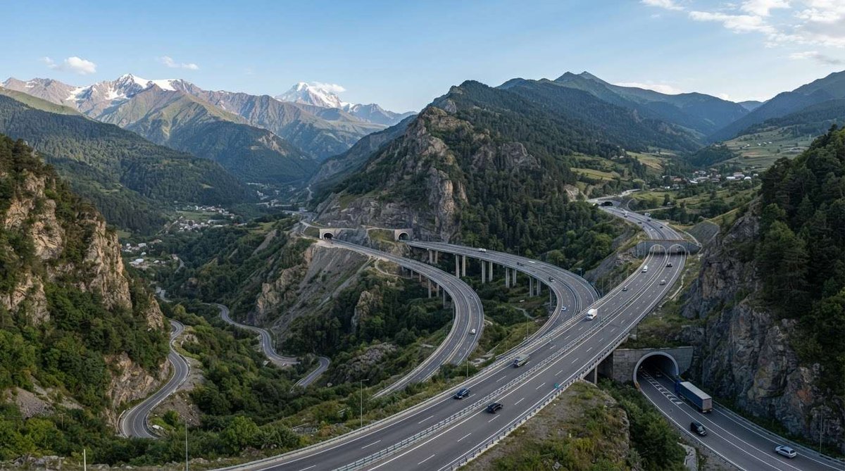 An elevated multi-lane highway winding through tunnels and a forested valley, with snow-capped peaks visible in the distance.