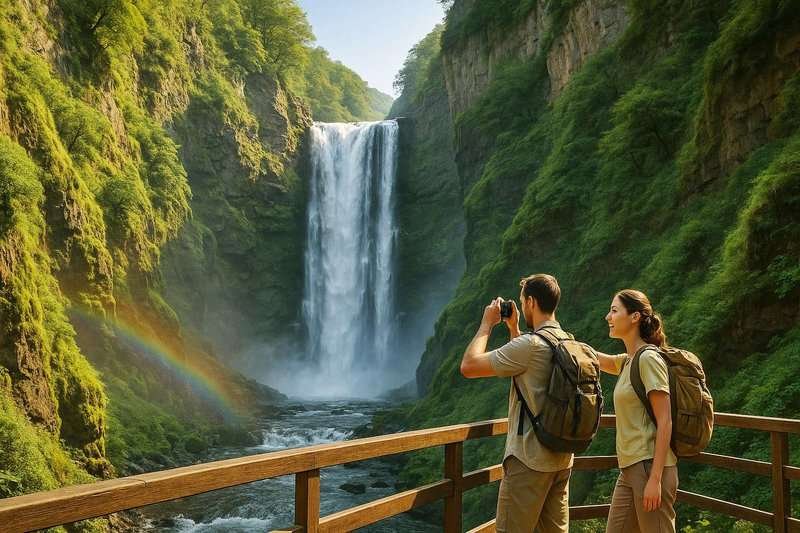 Man and woman near a waterfall