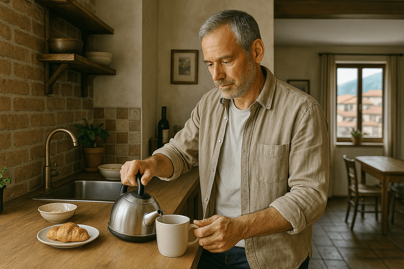 A man pours tea in the kitchen