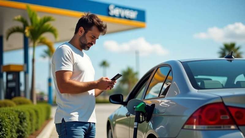 A man fills up his car at a gas station and writes a review on Yandex Maps.
