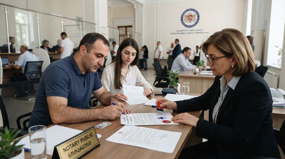 A notary stamping a document while a man and woman sit across the desk, with an ID card and passport on the table inside a public service hall.