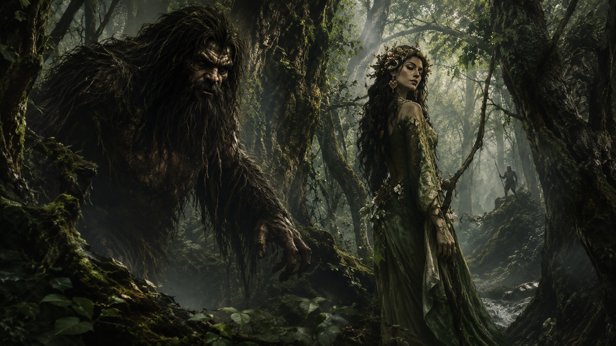 Atmospheric fantasy illustration of Ochokochi, a wild hairy forest being from Megrelian folklore, and Tkashi-Mapa, the mysterious queen of the forest, standing in a dense Western Georgian woodland with moss-covered trees, mist, and a distant hunter in the