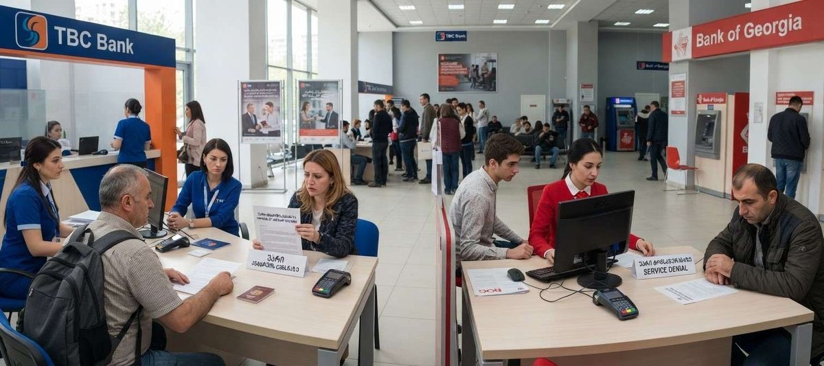 Customers fill out forms with bank staff inside busy TBC Bank and Bank of Georgia branches, illustrating the account-opening process and possible service denials.