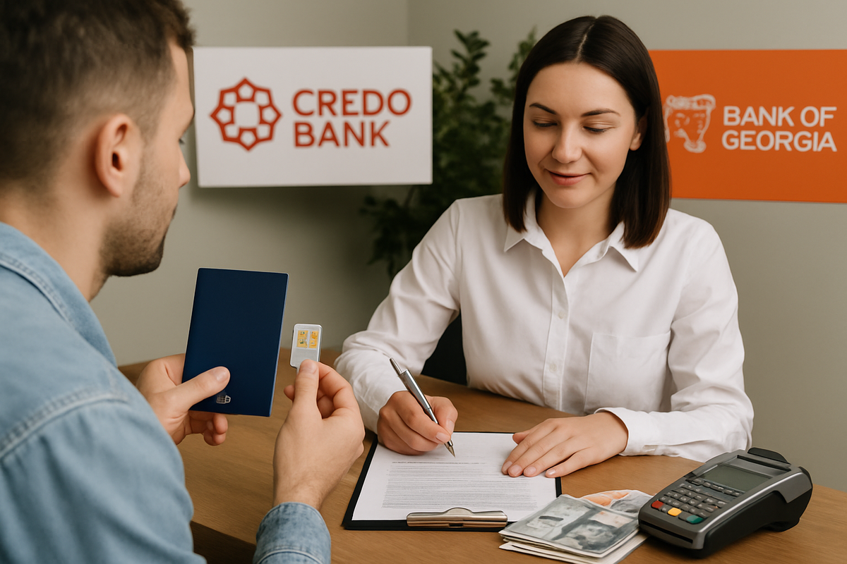 A man hands over his passport and SIM card while a bank employee fills out an account-opening form beneath the Credo Bank and Bank of Georgia signs.