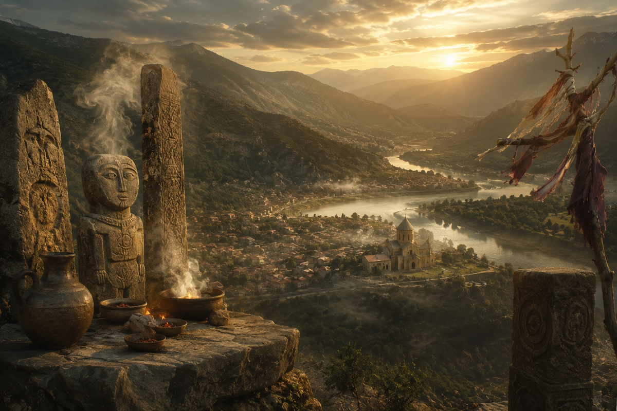 Atmospheric header image for an article about Georgia’s pagan pantheon, showing an ancient mountain sanctuary with ritual stones, carved idols, incense, sacred vessels, and a sunset view over a river valley inspired by Mtskheta and the Caucasus landscape.
