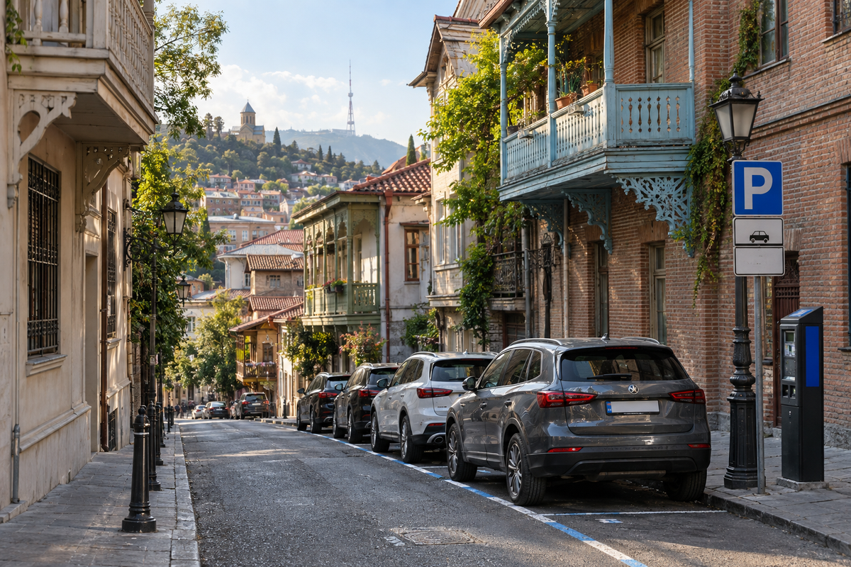 Illustration: parking in central Tbilisi is restricted to paid zones, with payment based on the vehicle's license plate number.
