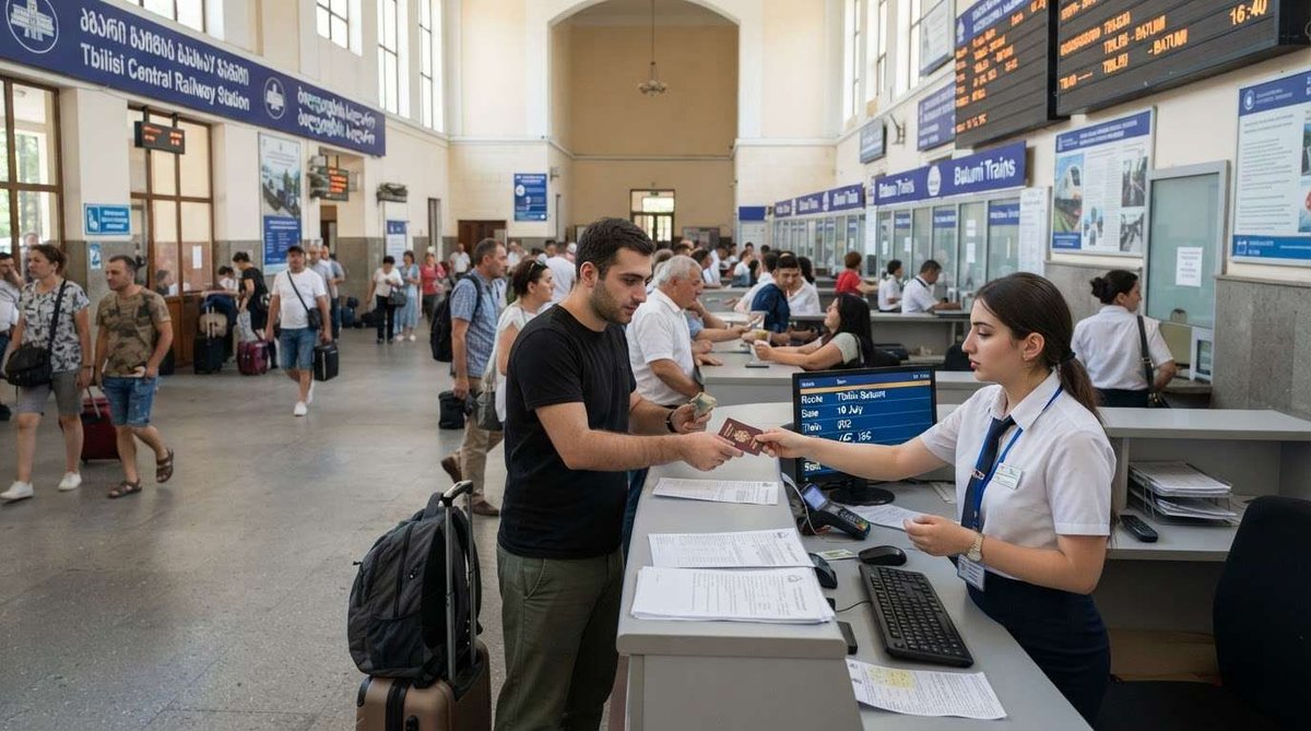 A man handing his passport to a station agent at the ticket counter, with departure boards and a busy hall of travelers behind him.