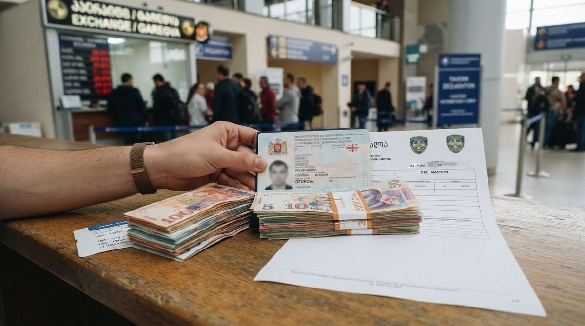 A traveler’s passport and cash prepared for entry into Georgia, highlighting currency exchange and customs requirements.