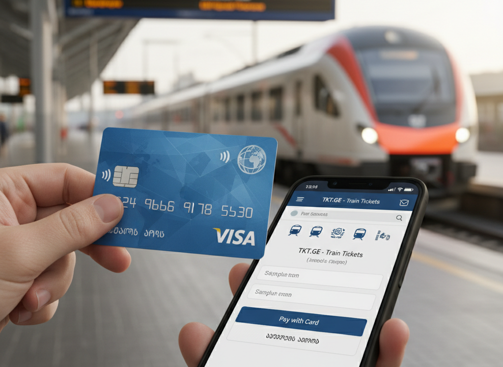 A hand holding a Visa card next to a phone showing the TKT.GE ticket payment app, with a train and departures board in the background.