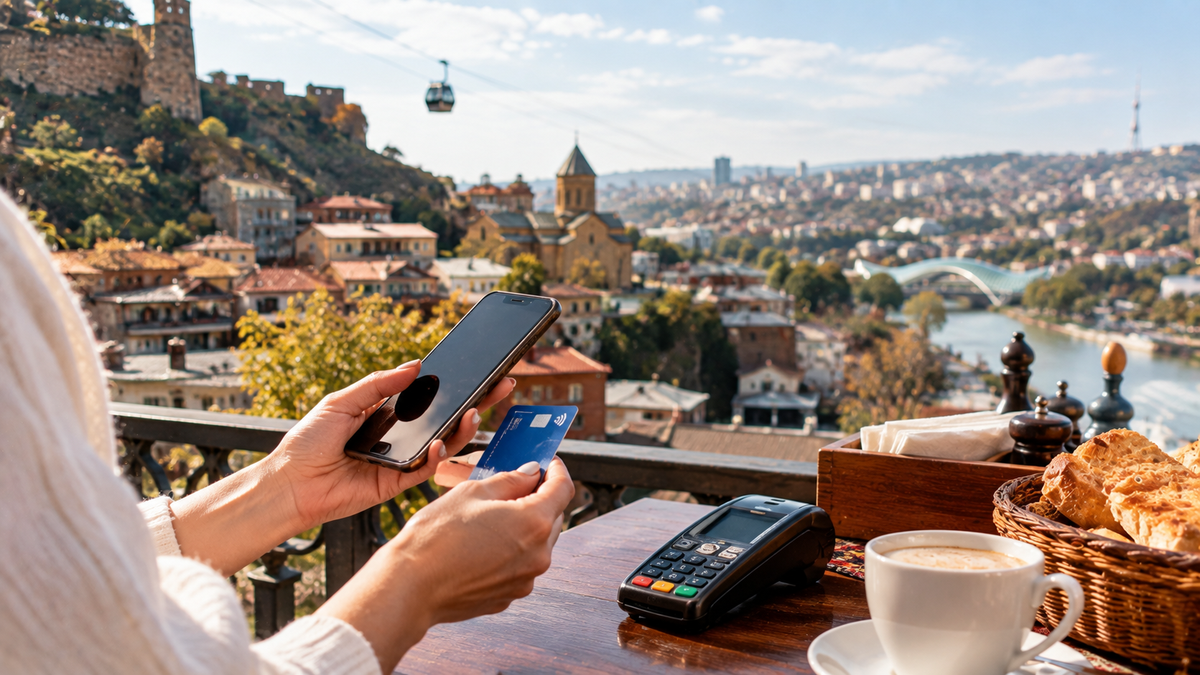 A traveler paying by card in Georgia, with a smartphone and card terminal overlooking historic Tbilisi.