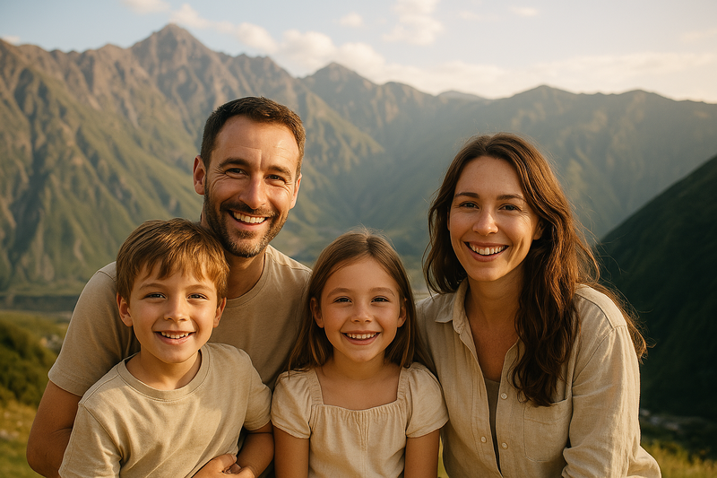 A family against a backdrop of mountains in Georgia