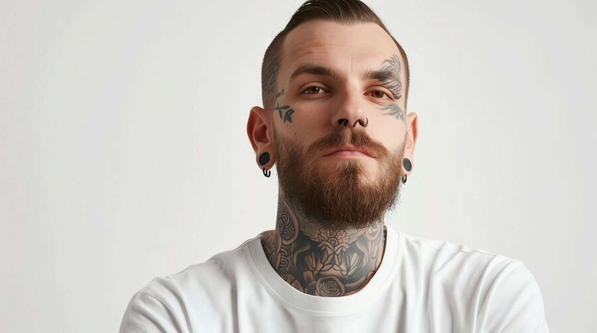 Portrait of a tattooed man with a nose ring, beard and large earplugs looking intently at the camera