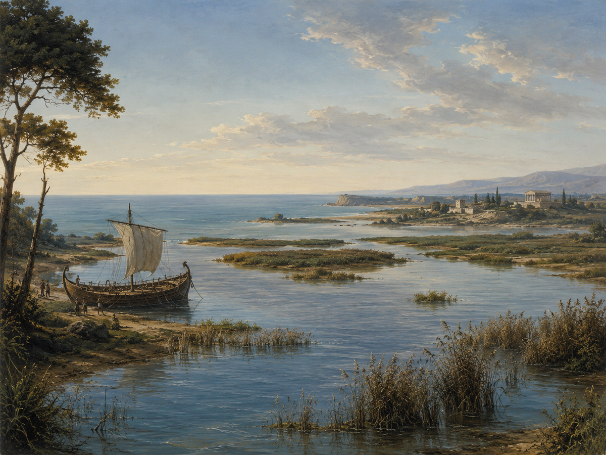 Historical landscape illustration of Poti and the mouth of the Rioni River, known in antiquity as Phasis, with an ancient ship near the Black Sea coast and wetlands of western Georgia.