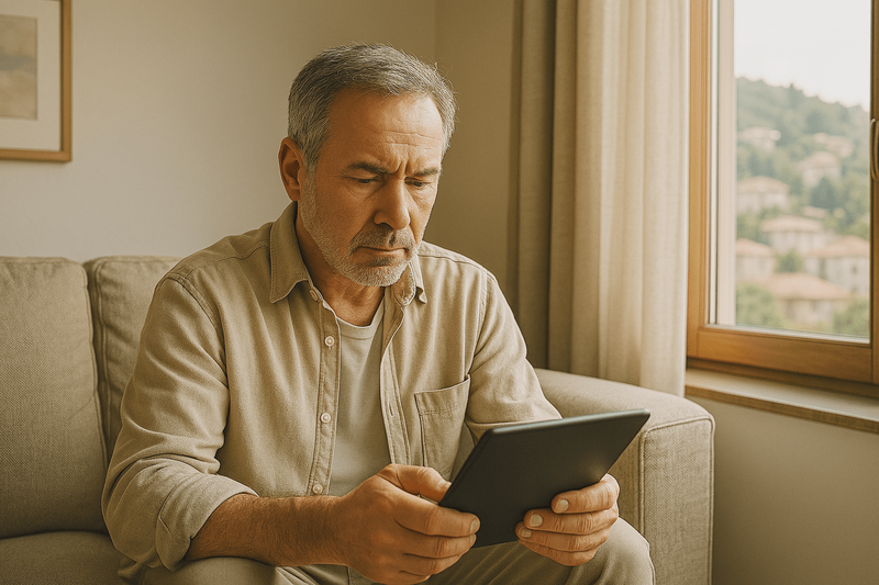 an elderly man looking at a tablet
