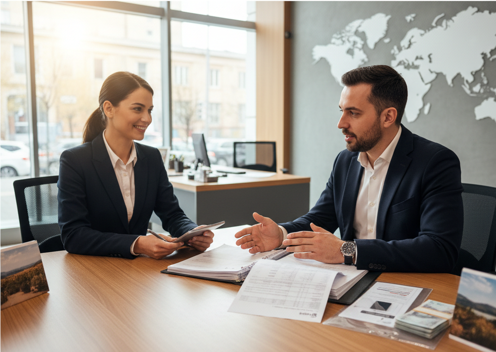 A client presents documents to a bank advisor across a desk, with paperwork and a world map on the wall behind them.
