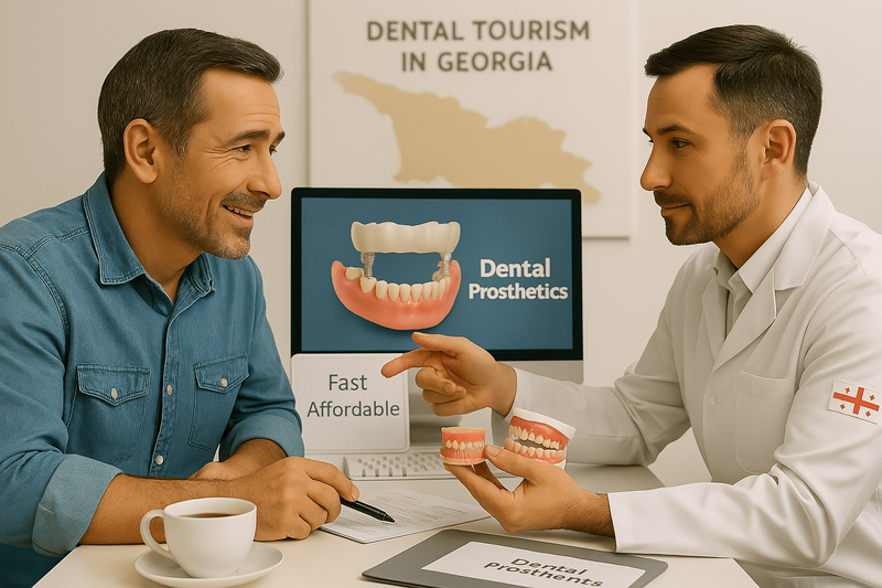 A man talks to a dentist before getting dental prosthetics