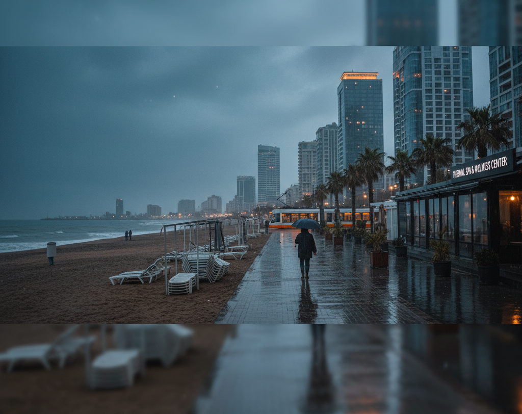 A lone figure with an umbrella walks the wet promenade past stacked beach chairs and glowing high-rises as a tram rolls by in the evening rain.