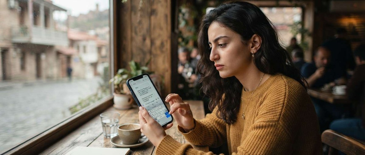 A woman reads a phone message in Georgian-in-Latin transliteration at a Tbilisi café window, the kind of text standard translators can't parse.