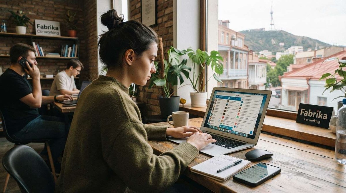 A woman searches for remote work on her laptop at Fabrika coworking space, with Old Tbilisi's balconies and the TV tower visible through the window.