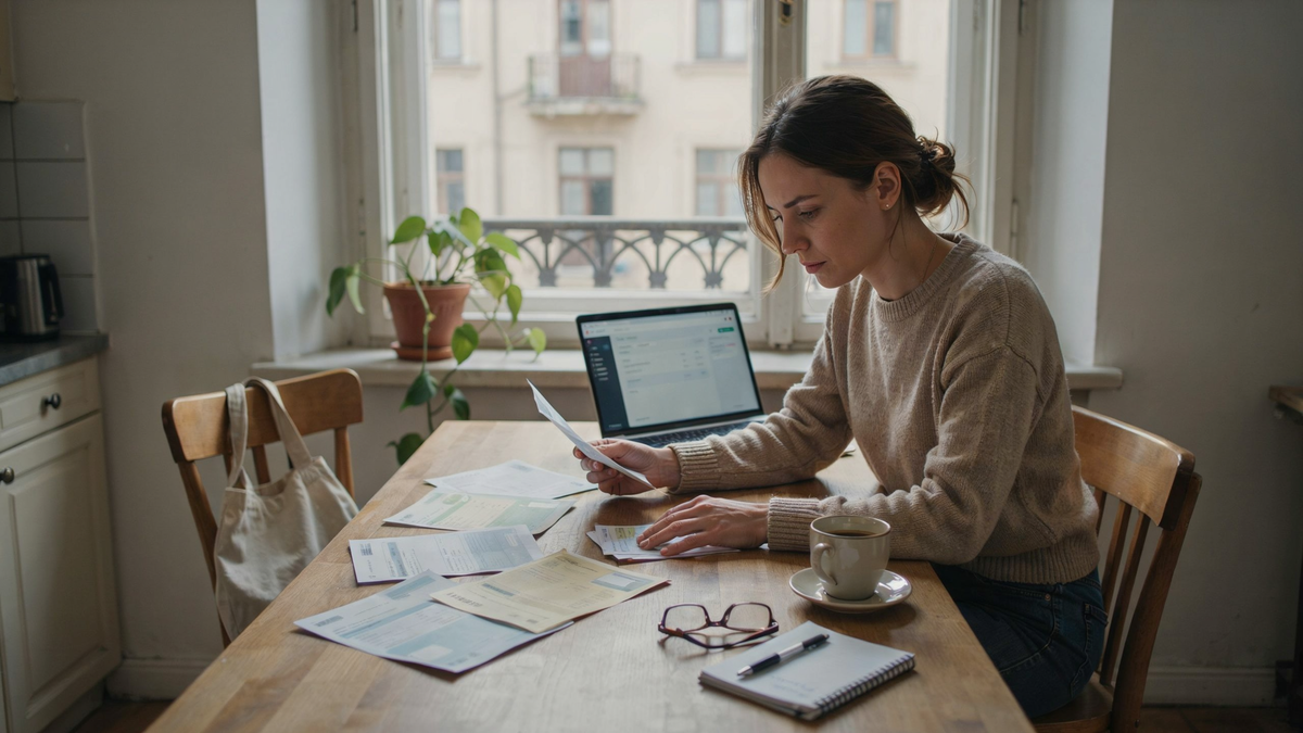 A woman at a table sorting paper bills and statements, with a laptop, coffee cup, glasses, and notebook nearby.