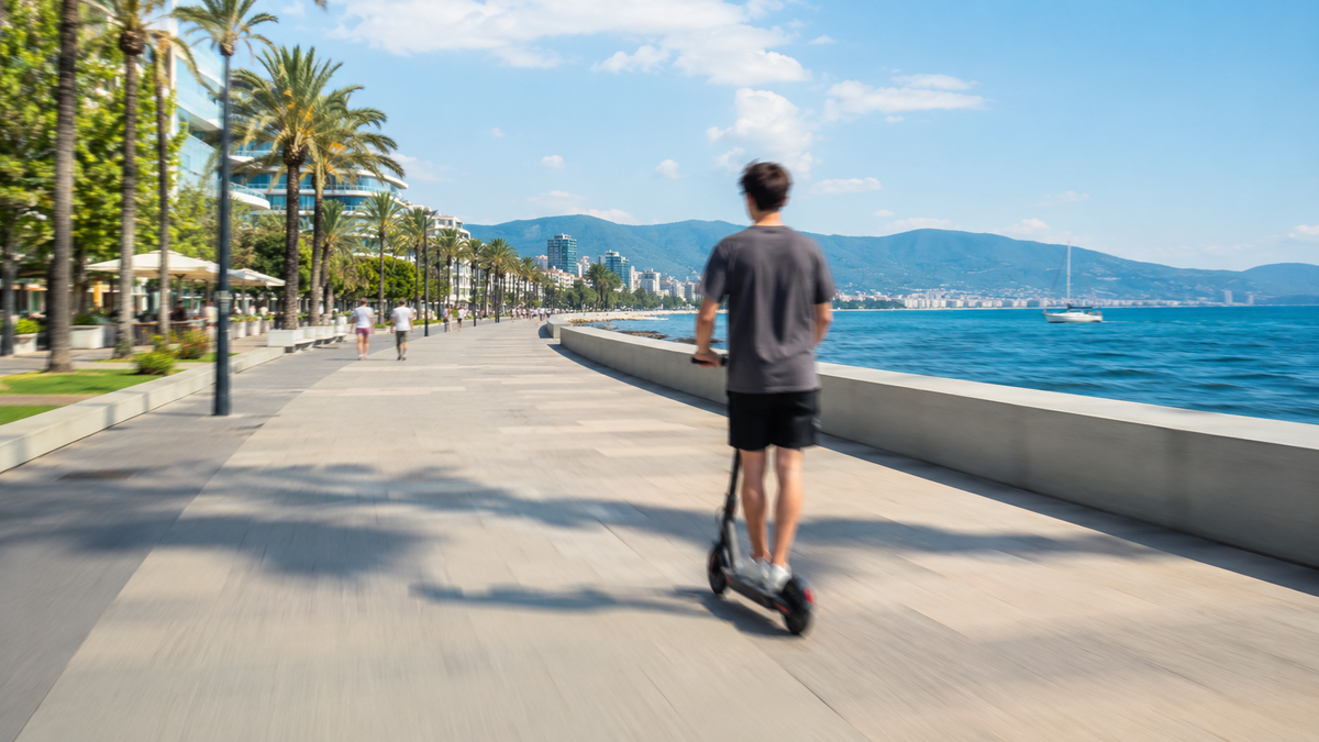 Riding an electric scooter along the Batumi seafront promenade.