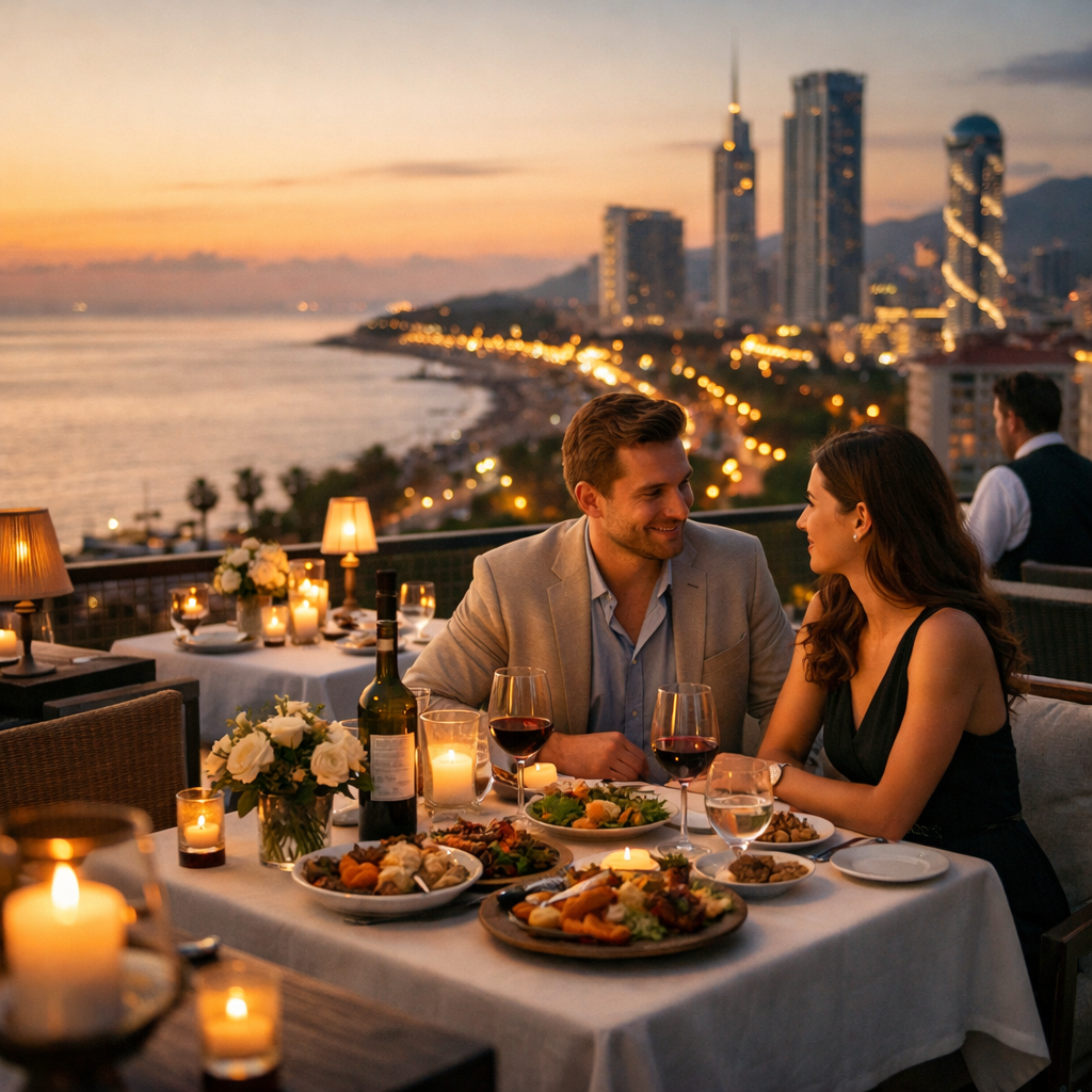 A luxurious sunset dinner for two on a Batumi rooftop terrace, with Black Sea views, warm lights, and an intimate editorial travel atmosphere