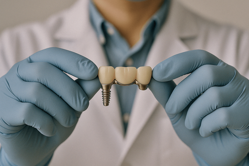 Doctor's hands with a dental bridge