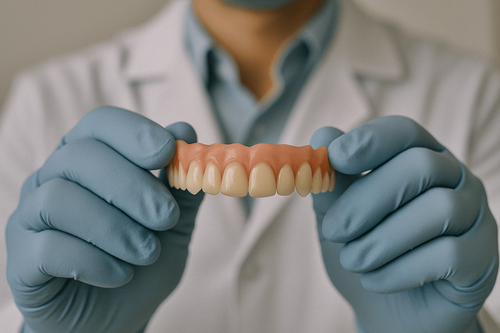 Doctor's hands with a denture