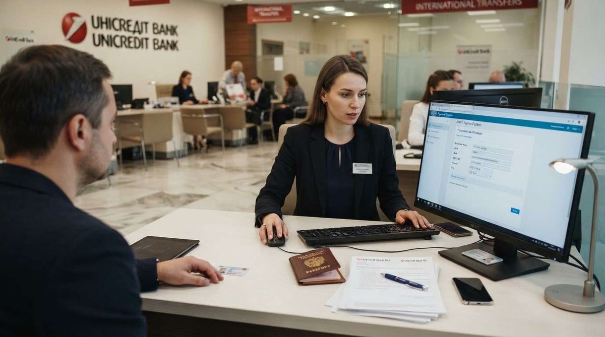 A bank employee processes an international transfer form as a customer presents his passport at a UniCredit Bank service desk.