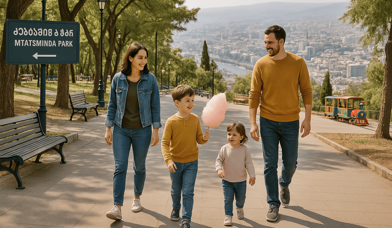 A family is walking in the park
