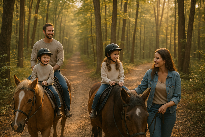 A family rides horses in a Georgian forest.