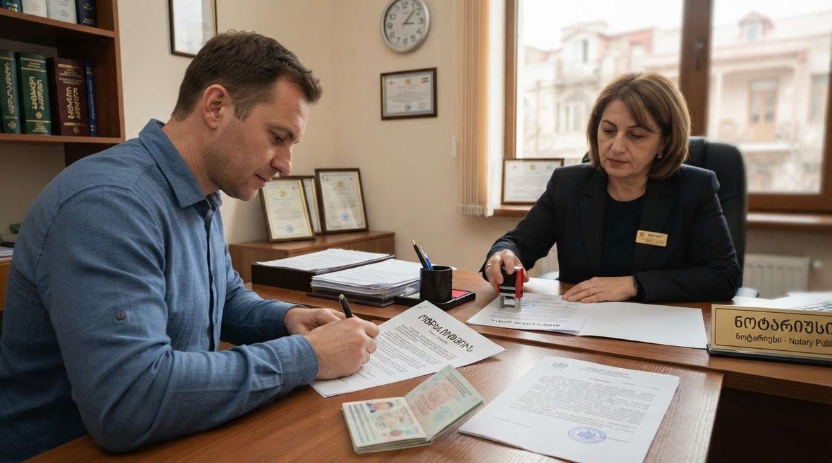 A man signing a document beside his open passport while a notary public applies a stamp to another paper on her desk.