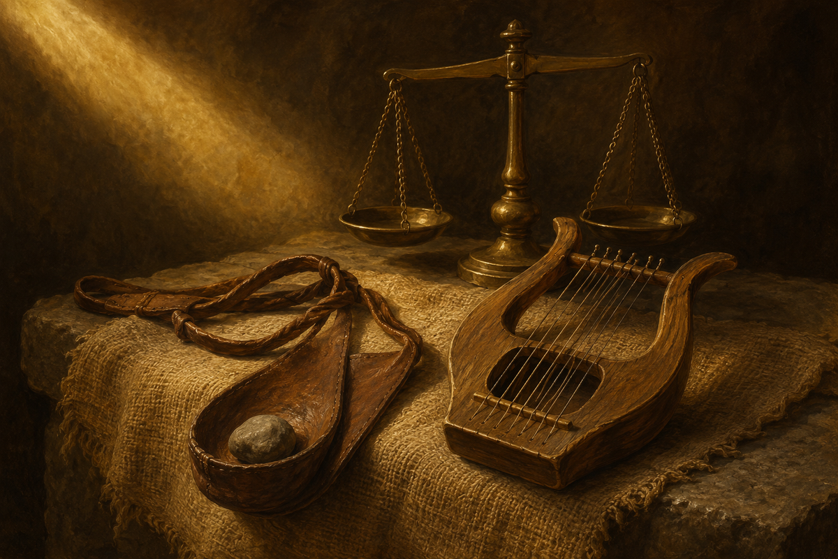 Sling and harp symbols alluding to the biblical King David.