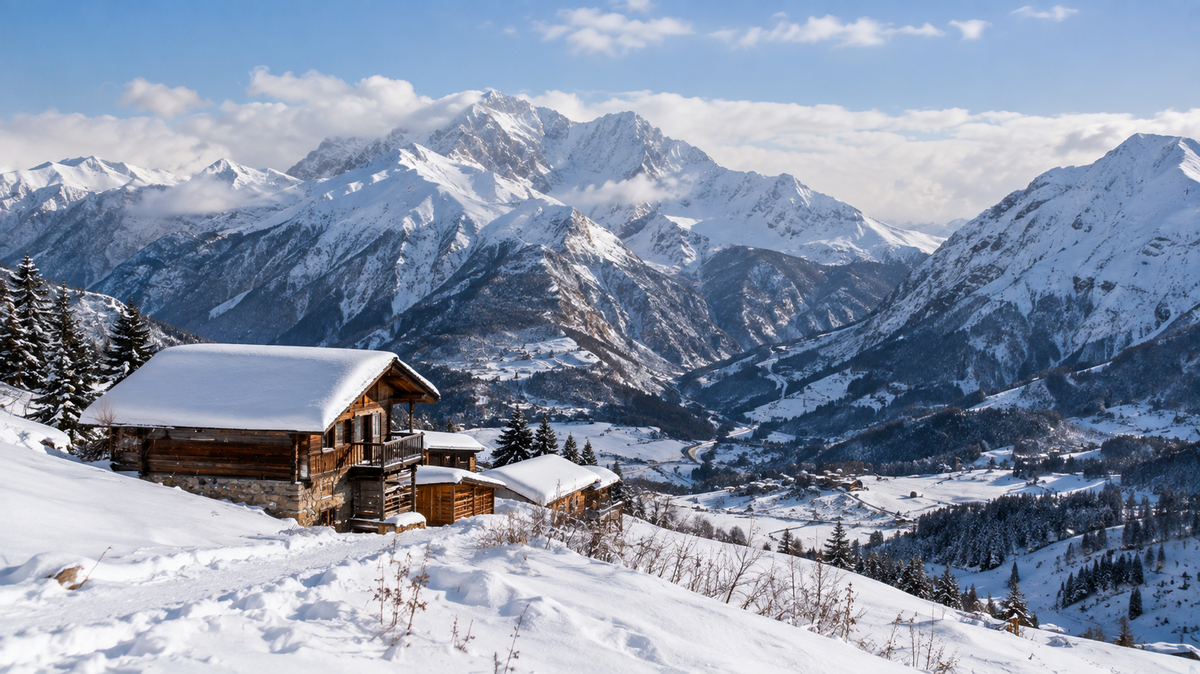 A rustic snow-blanketed mountain lodge perched on a slope with a valley and towering snow-capped Caucasus peaks in the background.