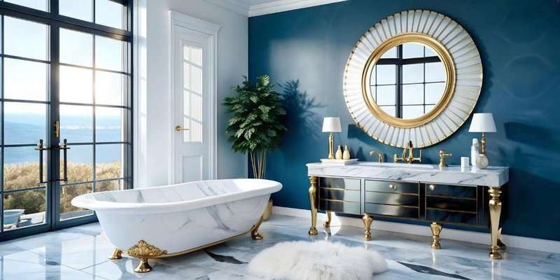 Modern bathroom with a large bathtub and a large mirror
