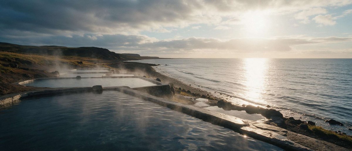Several stone-edged hot spring pools with rising steam along a rocky coastline, backlit by a low sun over the sea.
