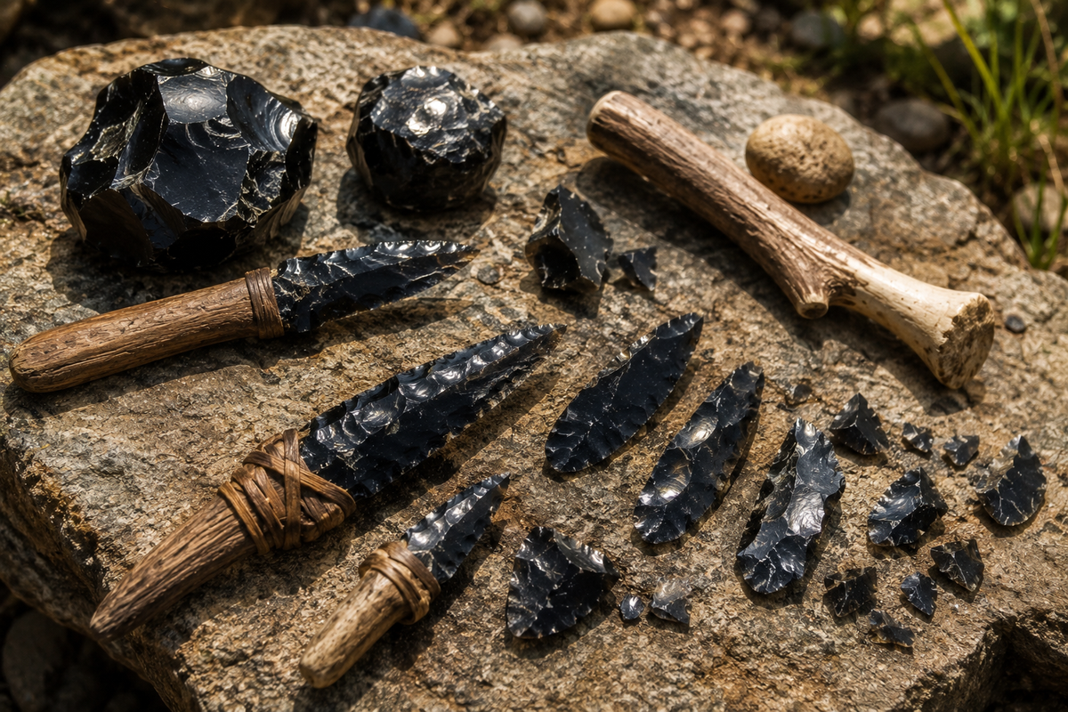 Ancient stone tools, obsidian blades and flakes used by prehistoric people in the Stone Age.