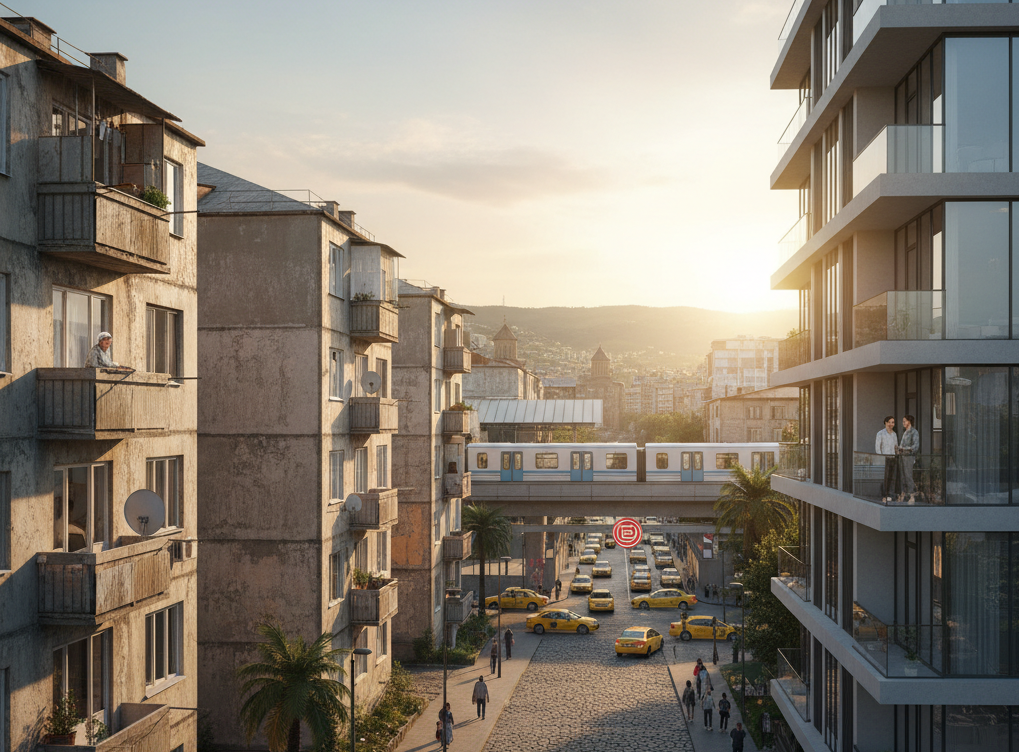 An old Soviet apartment block faces a new glass residential tower across a street where taxis line up beside the metro, showing the housing contrast that shapes Tbilisi rent prices.