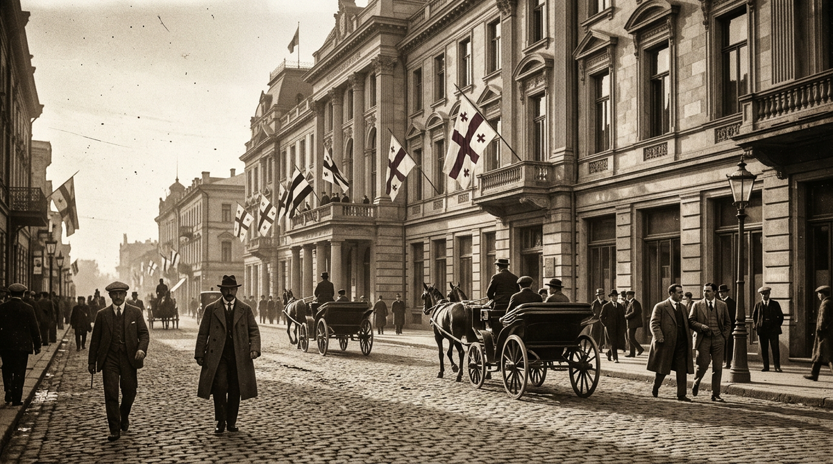 A cinematic historical atmosphere evoking the day Georgia declared independence — May 26, 1918 — in the streets of old Tbilisi.
