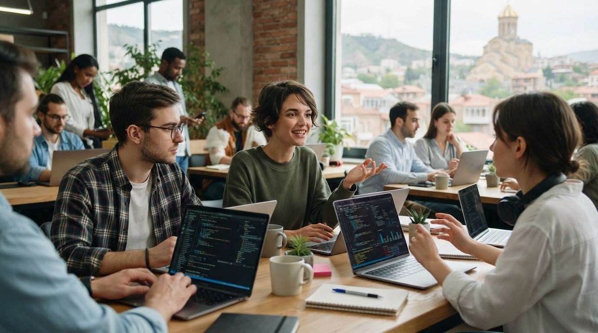 Coworkers collaborate over laptops in a bright Tbilisi coworking space, with Sameba Cathedral and the city skyline visible through the windows behind them.