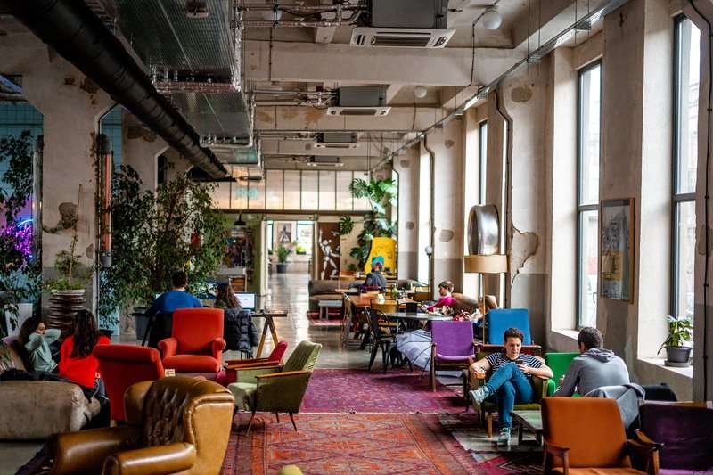The interior of the famous Fabrika hostel in Tbilisi