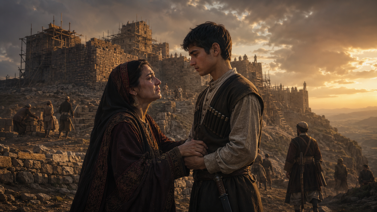 Dramatic historical illustration of Surami Fortress under construction at sunset, showing a grieving mother saying goodbye to her young son beside the stone walls, symbolizing the tragic Georgian legend of sacrifice for the fortress.