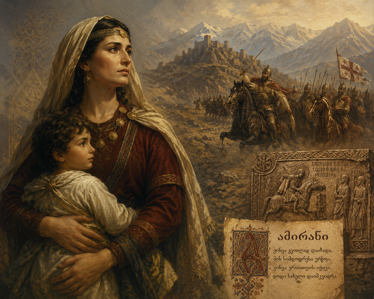 Painterly epic illustration of Amiraniโs mother holding her child against a dramatic Caucasus mountain landscape, with ancient Georgian warriors, stone carvings, and manuscript elements symbolizing the heroic legend of Amirani.