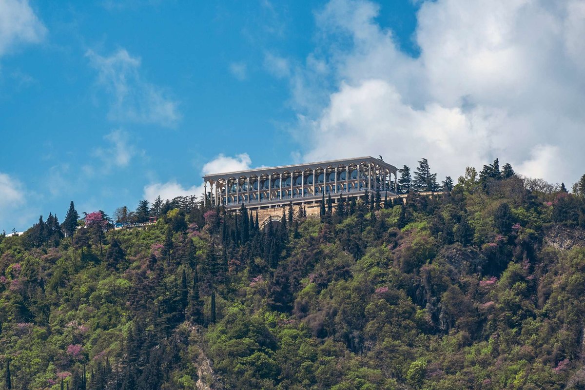 The building of the funicular complex on the top of a mountain in the center of Tbilisi near Mtatsminda Park