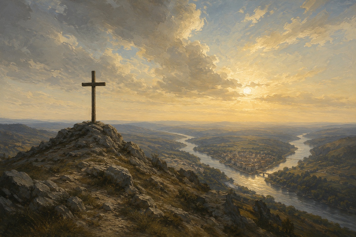 The cross on the mountain above Mtskheta, the site of the future Jvari Monastery.